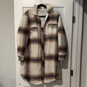 Joie Plaid Teddy Shacket in Cream, Brown and Gray